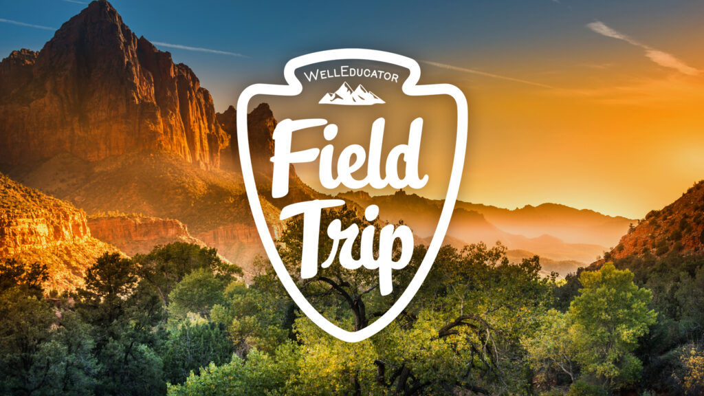 field trips shield-shaped logo on image of zion national park